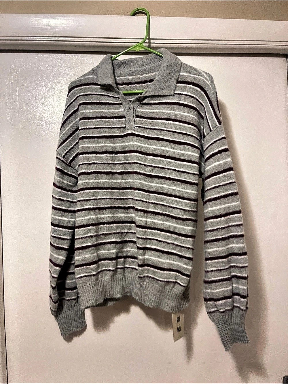 MUSERA Relaxed Fit Knit Striped Collared Button Long Sleeve Polo Sweater Striped